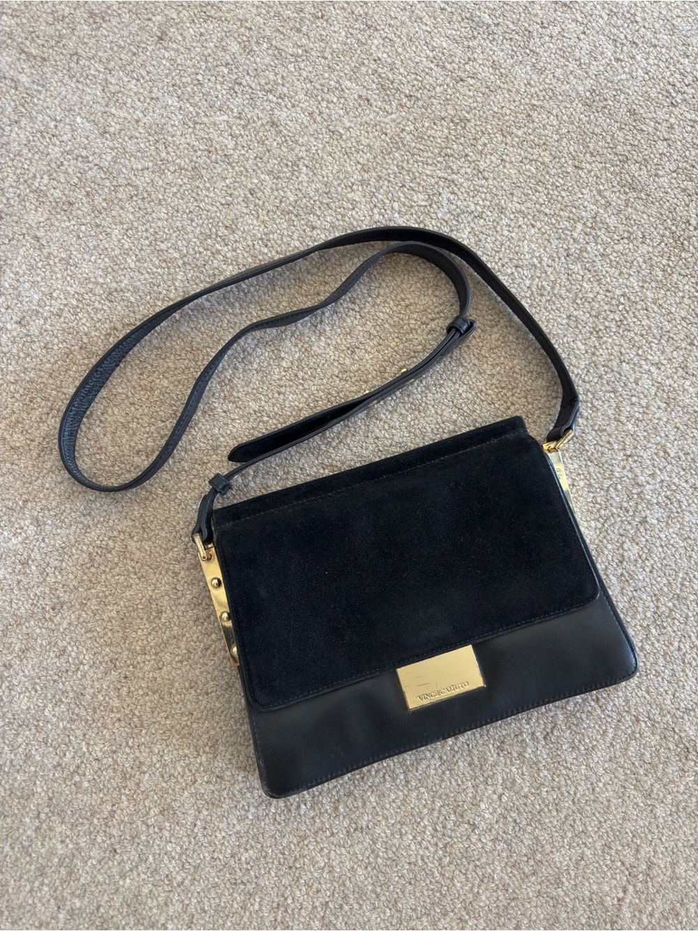 Vince Camuto Black Suede & Leather Crossbody Bag with Gold Accent